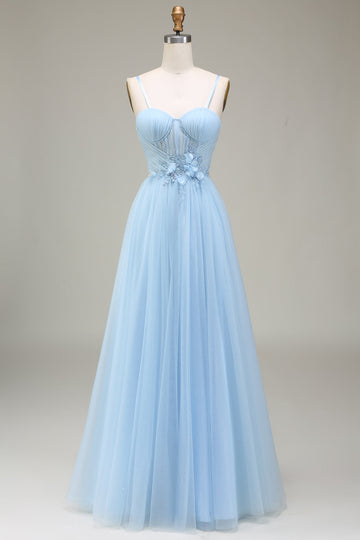 Sparkly Light Blue A-Line Tulle Ball Dress With Appliques